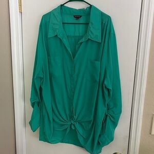 George Teal Green Button-Front Tie-Hem Shirt